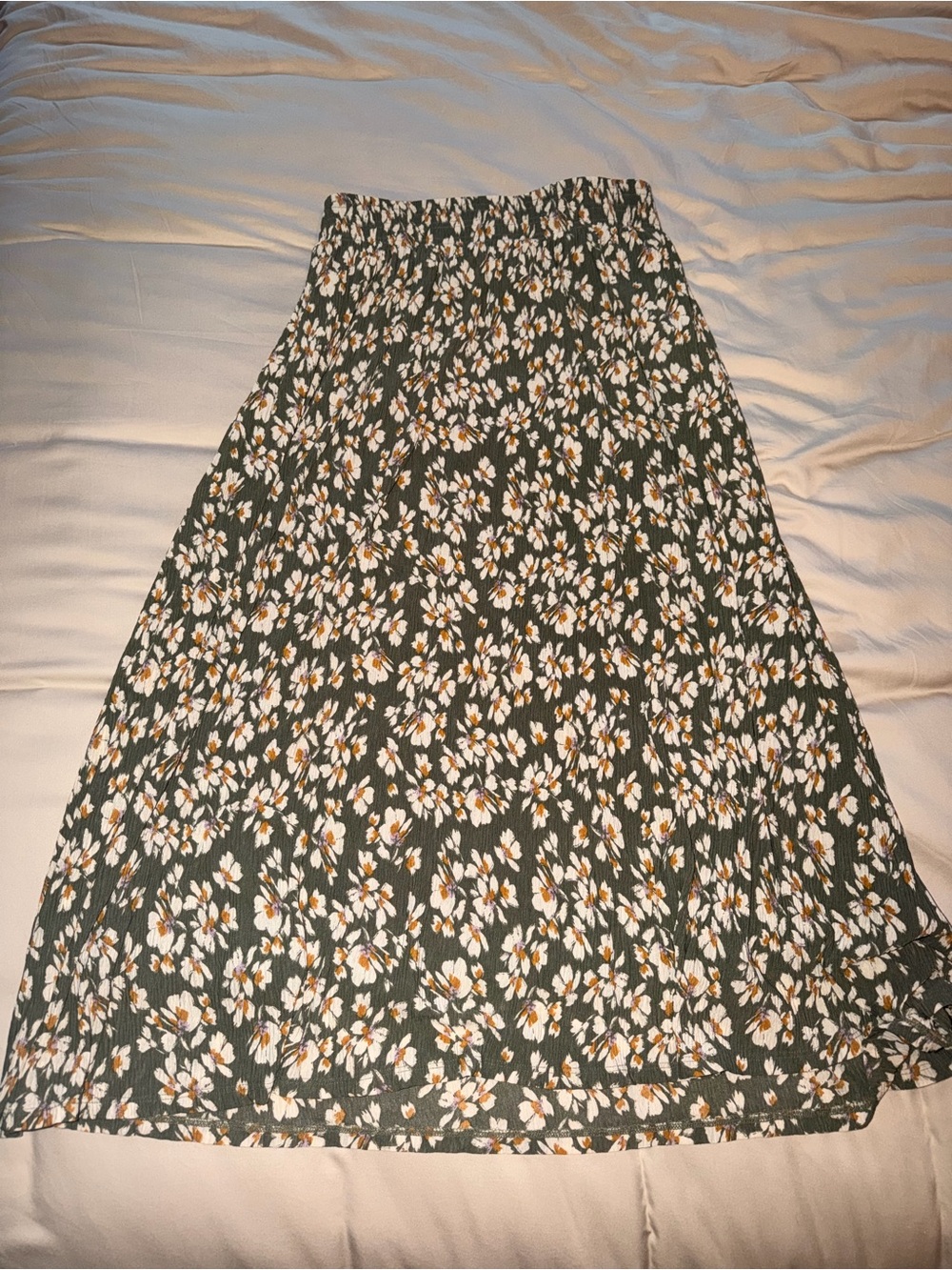 Floral Smocked Waist Midi Skirt - Olive Green